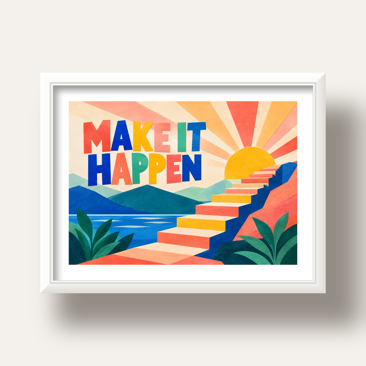 Motivasyonel Renkli Merdiven Poster – Make It Happen — beyaz derin çerçeveli paspartulu