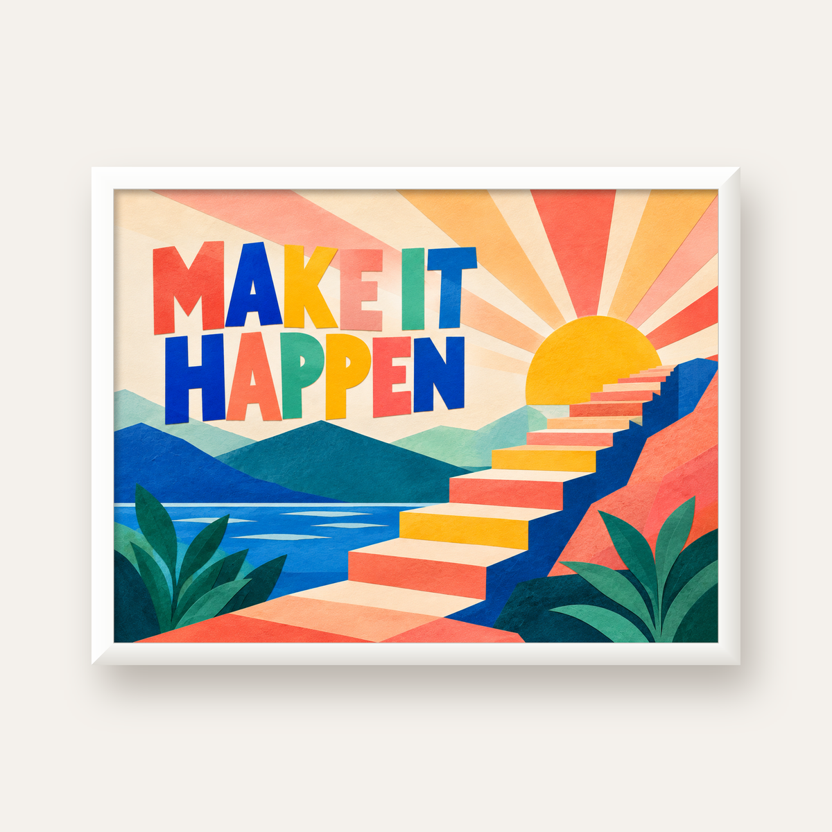 Motivasyonel Renkli Merdiven Poster – Make It Happen — beyaz çerçeveli yatay poster