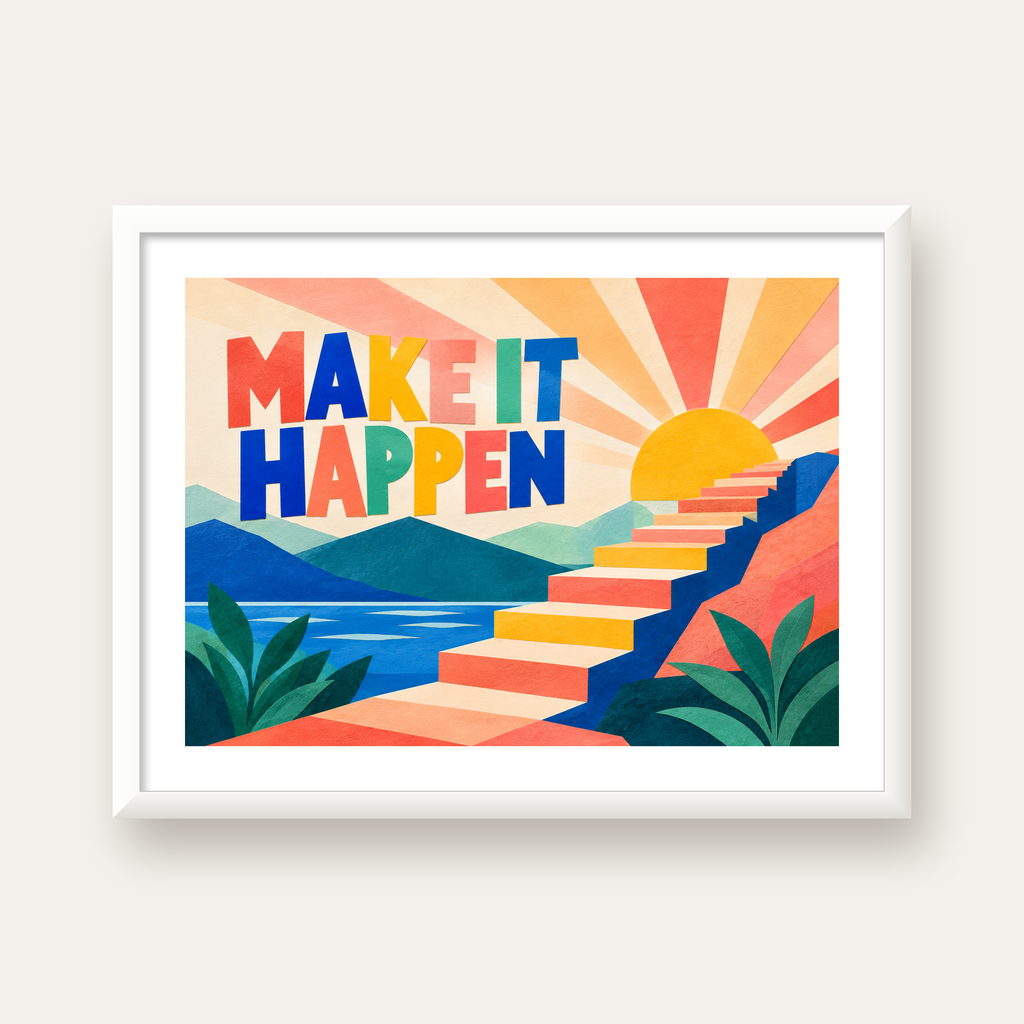 Motivasyonel Renkli Merdiven Poster – Make It Happen — beyaz çerçeveli yatay poster
