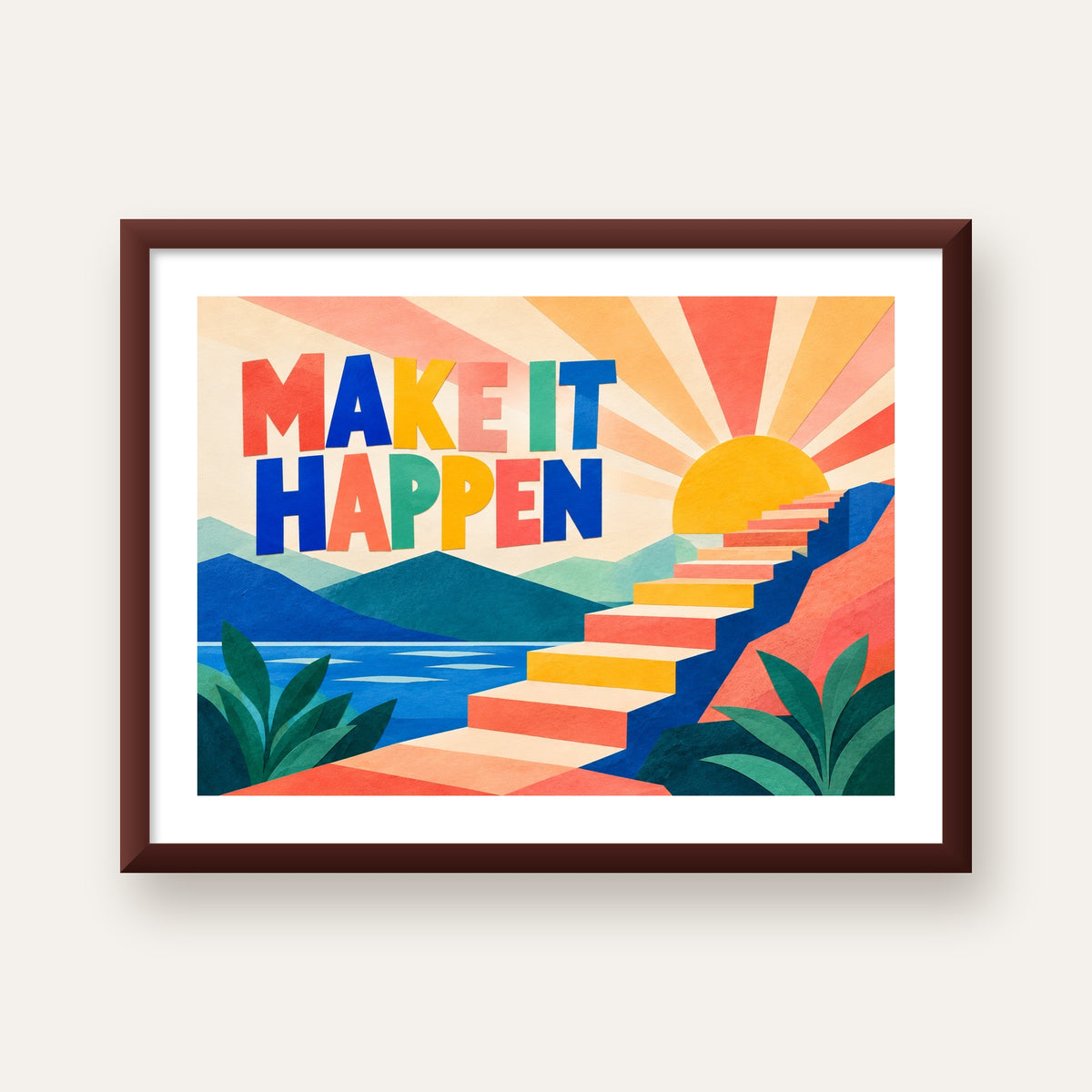 Motivasyonel Renkli Merdiven Poster – Make It Happen — ceviz çerçeveli paspartulu