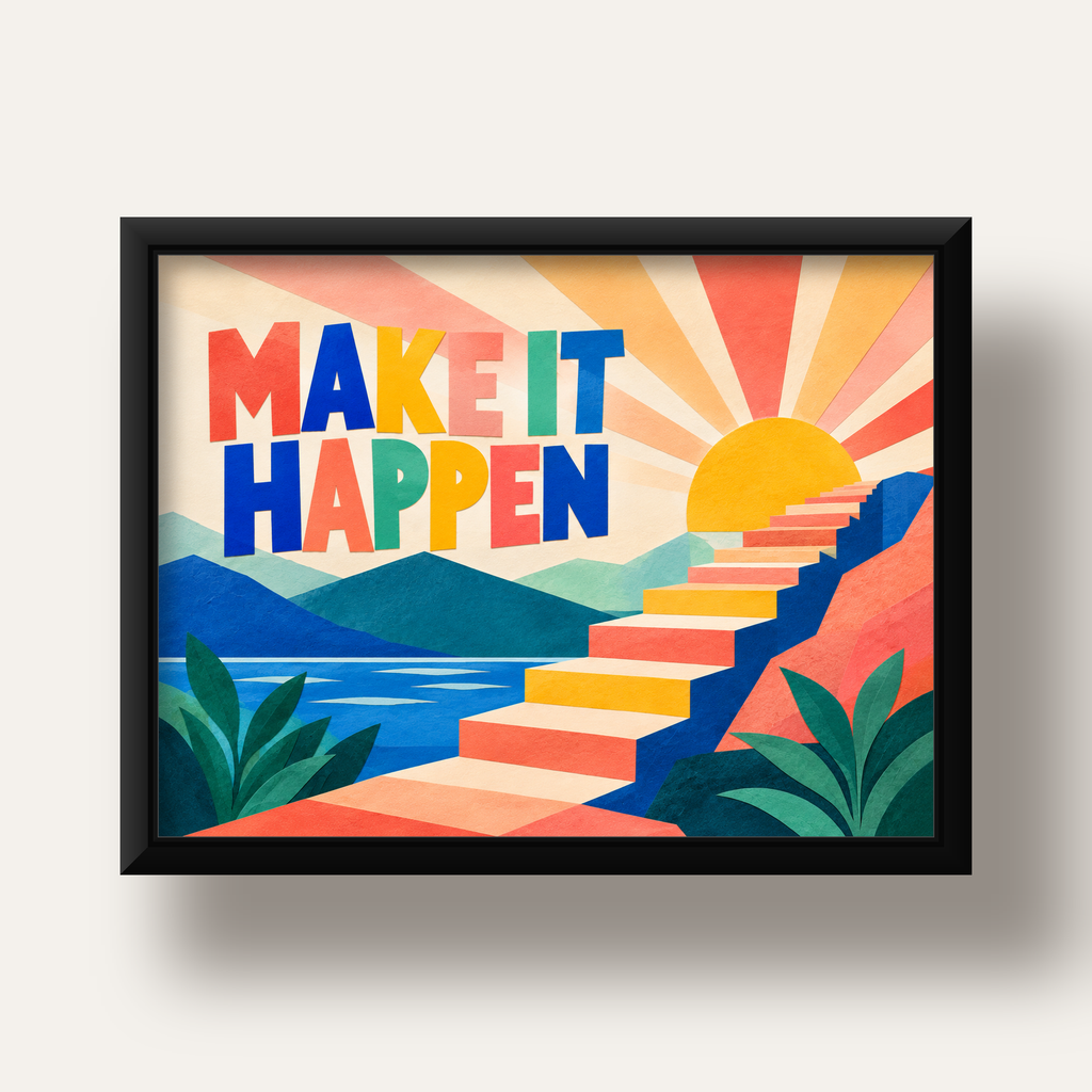 Motivasyonel Renkli Merdiven Poster – Make It Happen — siyah derin çerçeveli