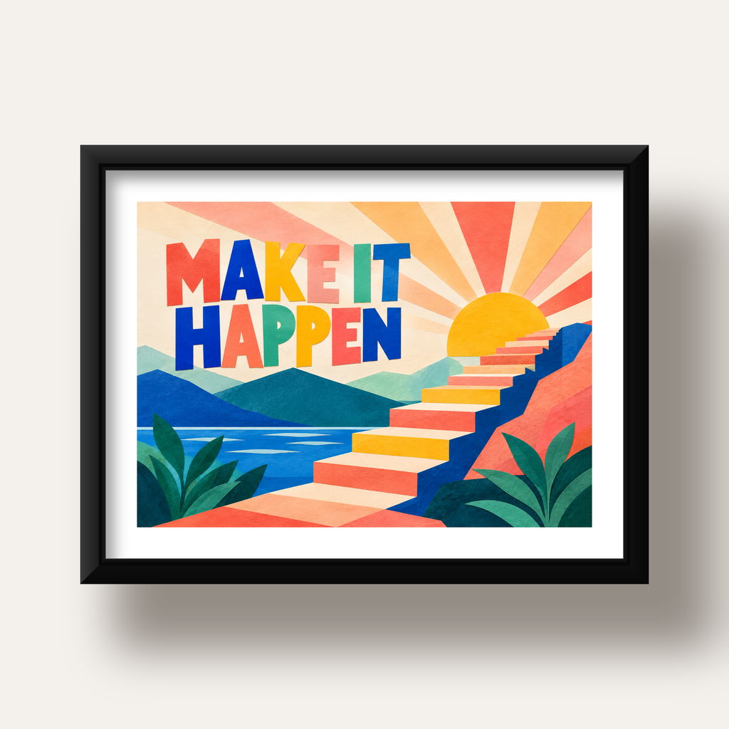 Motivasyonel Renkli Merdiven Poster – Make It Happen — siyah derin çerçeveli paspartulu