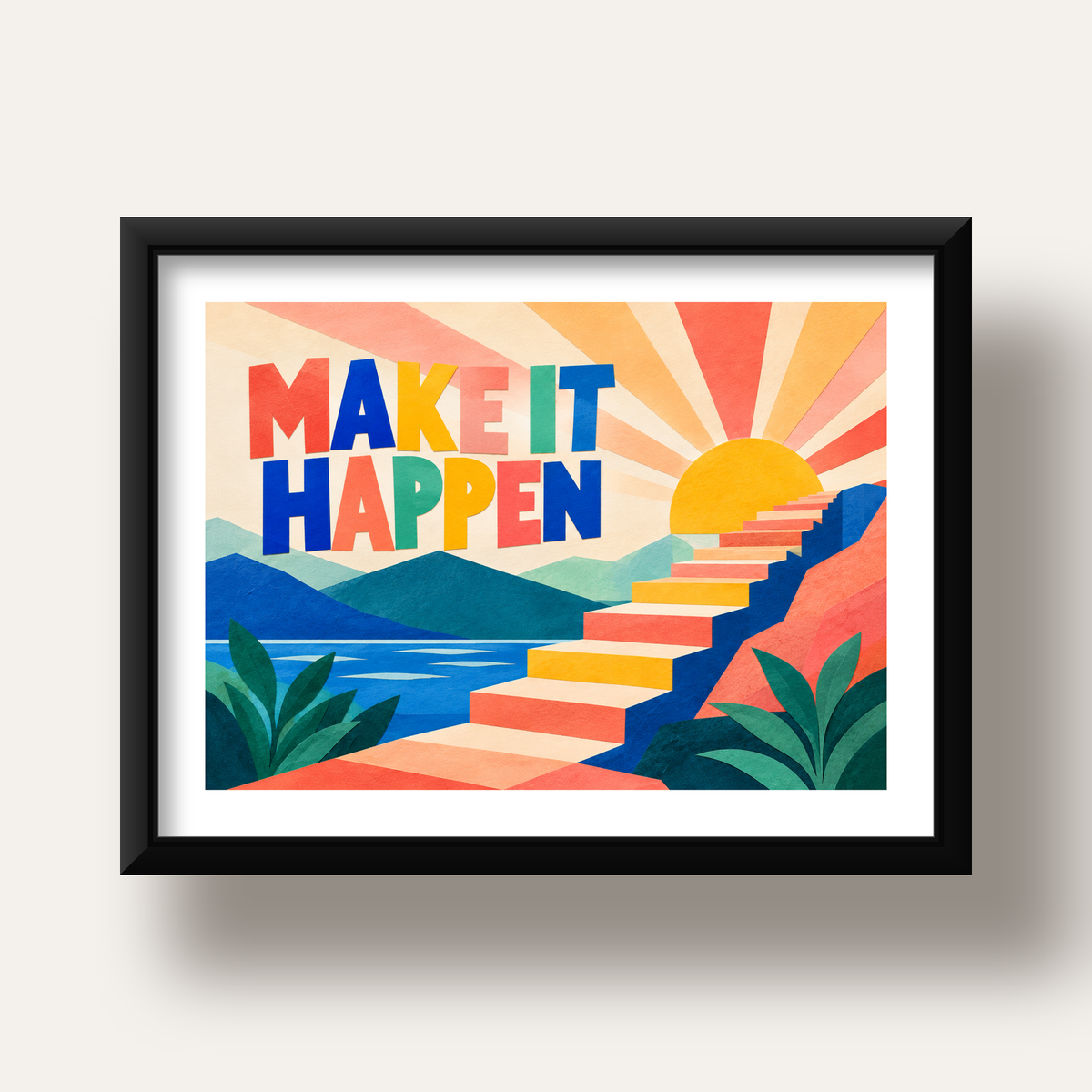 Motivasyonel Renkli Merdiven Poster – Make It Happen — siyah derin çerçeveli paspartulu