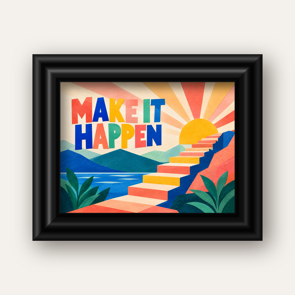 Motivasyonel Renkli Merdiven Poster – Make It Happen — siyah galeri çerçeveli