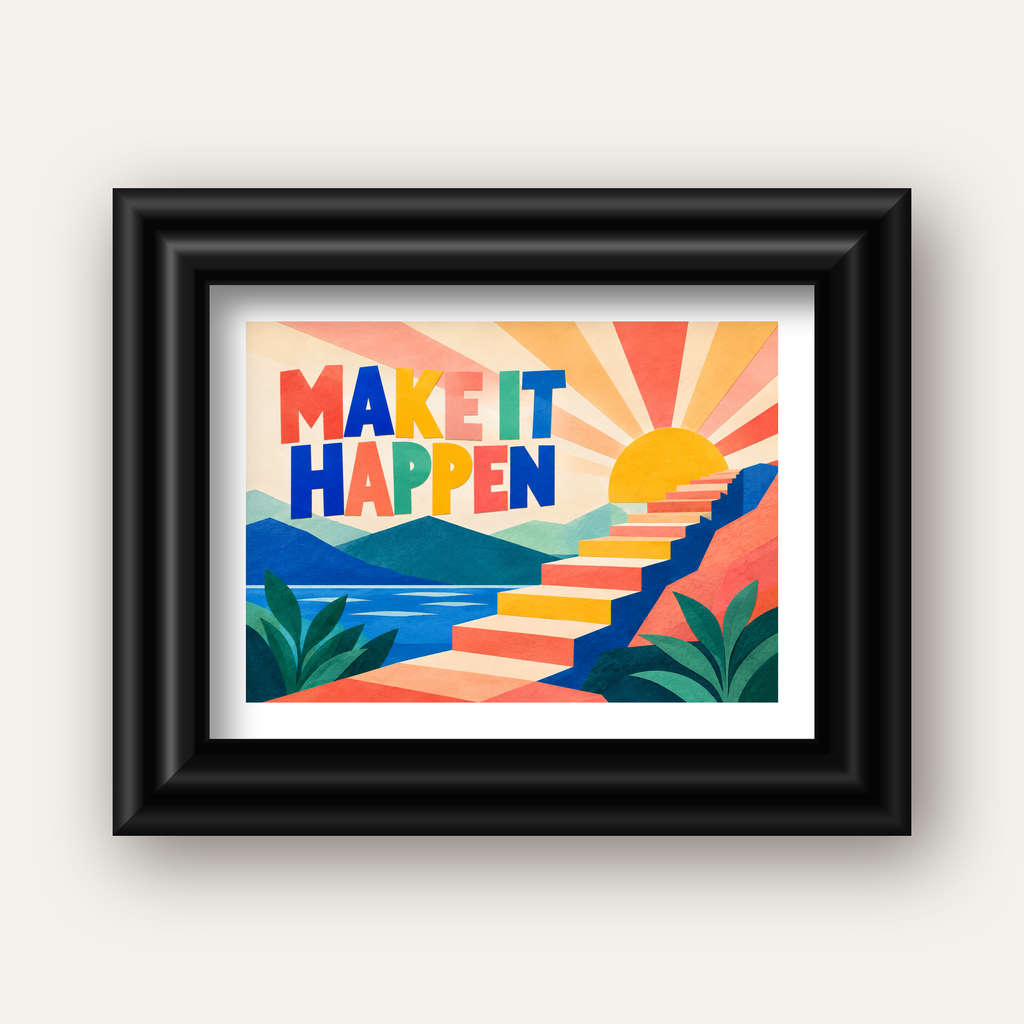 Motivasyonel Renkli Merdiven Poster – Make It Happen — siyah galeri çerçeveli paspartulu