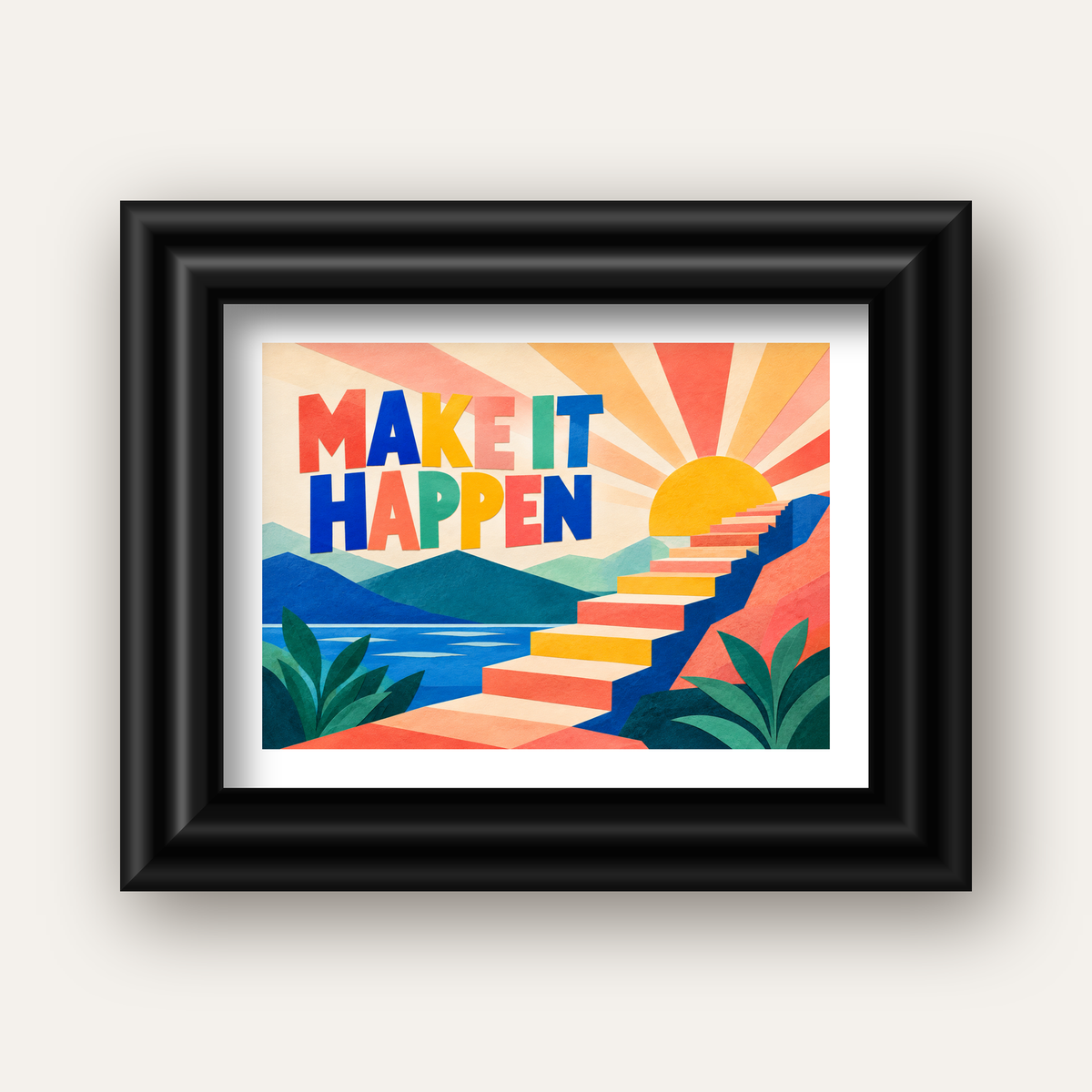 Motivasyonel Renkli Merdiven Poster – Make It Happen — siyah galeri çerçeveli paspartulu