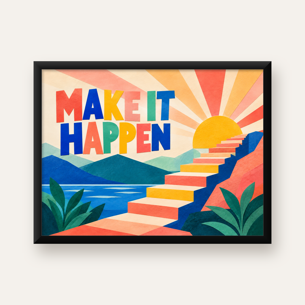 Motivasyonel Renkli Merdiven Poster – Make It Happen — Yatay baskı, düz siyah çerçeveli duvar posteri