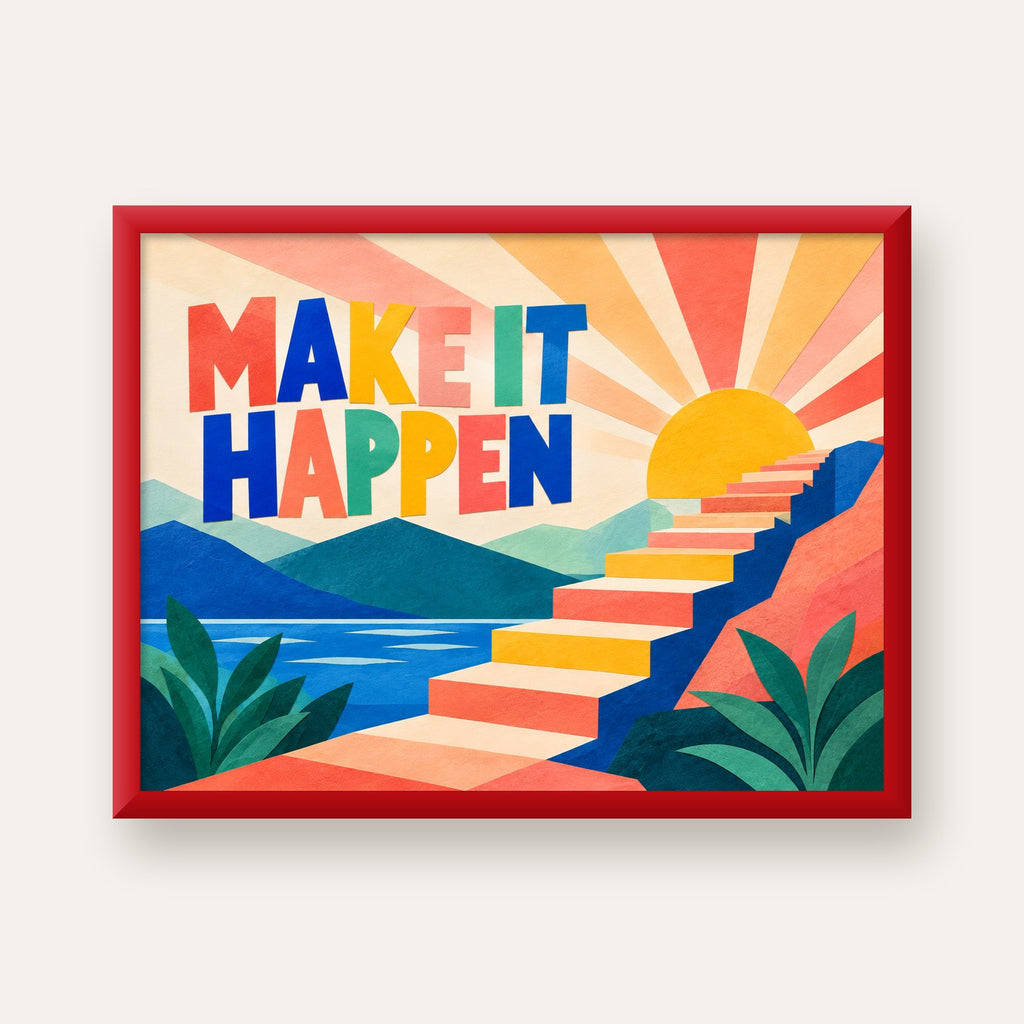 Motivasyonel Renkli Merdiven Poster – Make It Happen — kırmızı çerçeveli