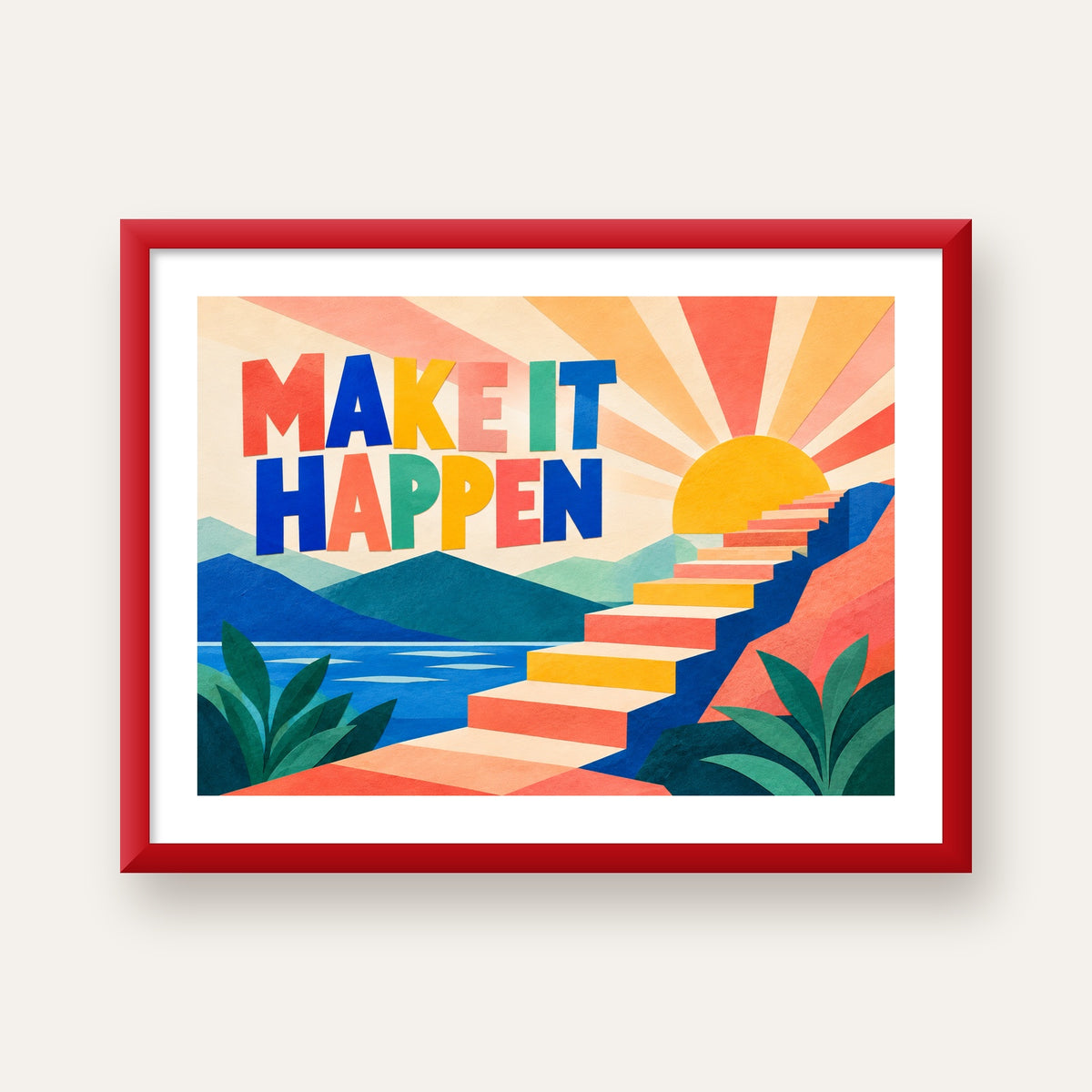 Motivasyonel Renkli Merdiven Poster – Make It Happen — kırmızı çerçeveli paspartulu