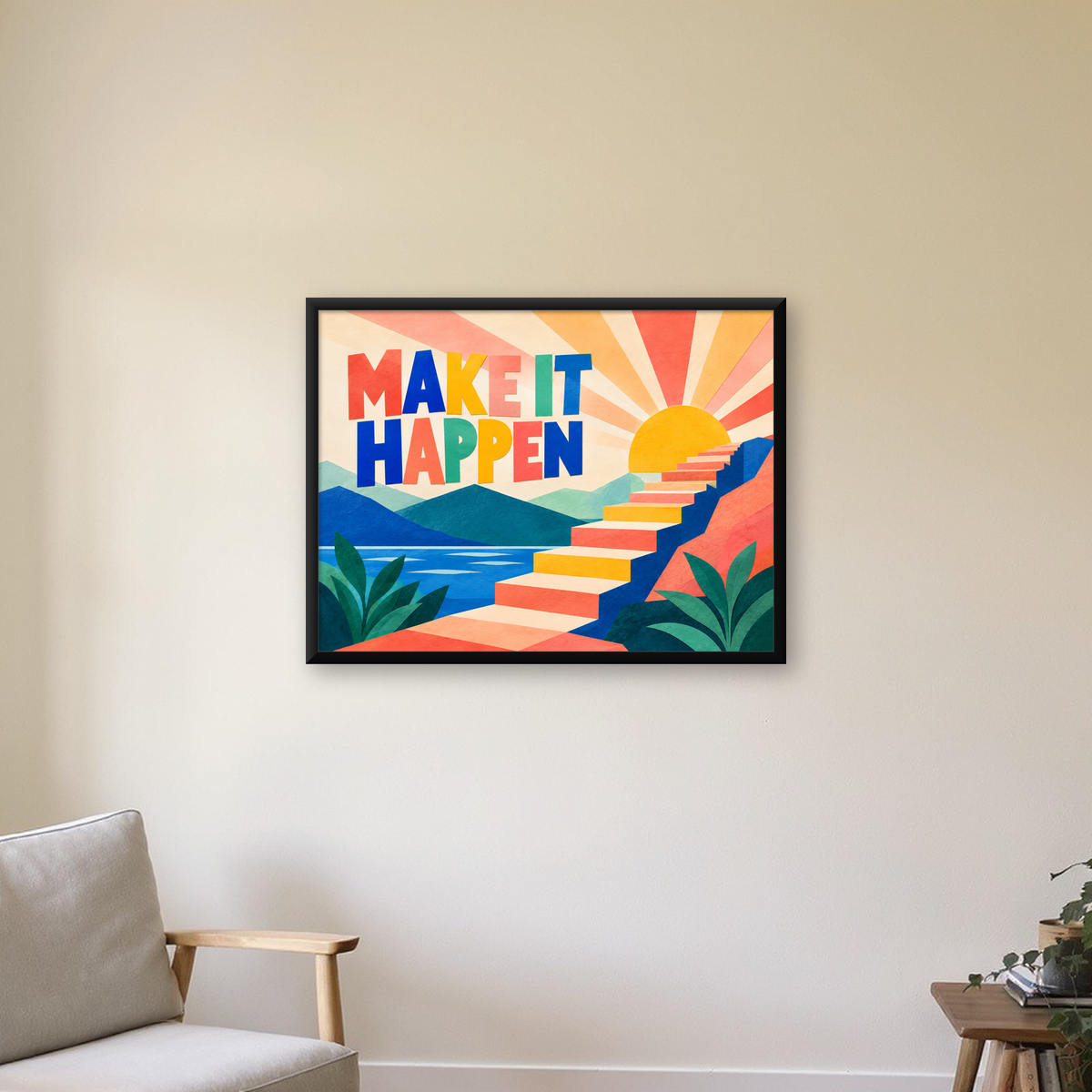 Motivasyonel Renkli Merdiven Poster – Make It Happen — Yatay baskı, çerçeveli hâliyle bir ev duvarında