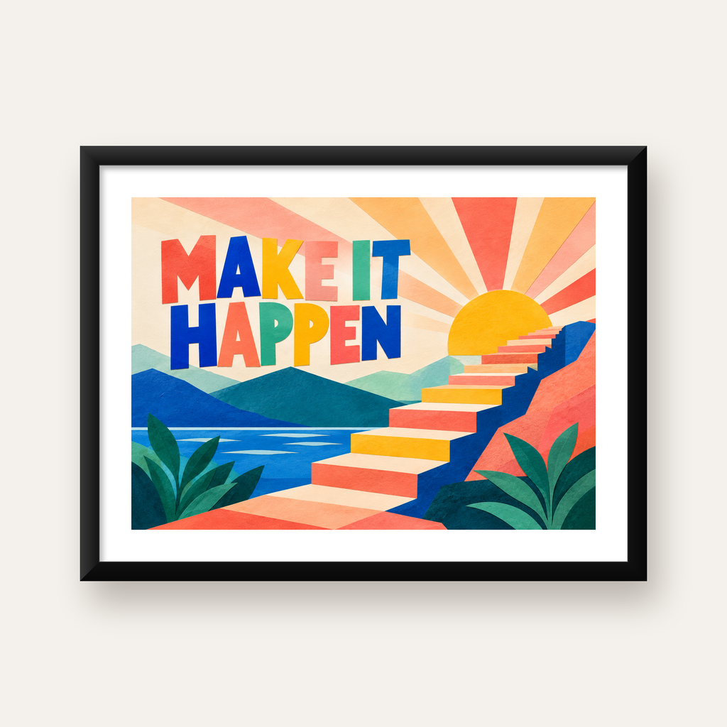 Motivasyonel Renkli Merdiven Poster – Make It Happen — Yatay baskı, beyaz kenar boşluklu