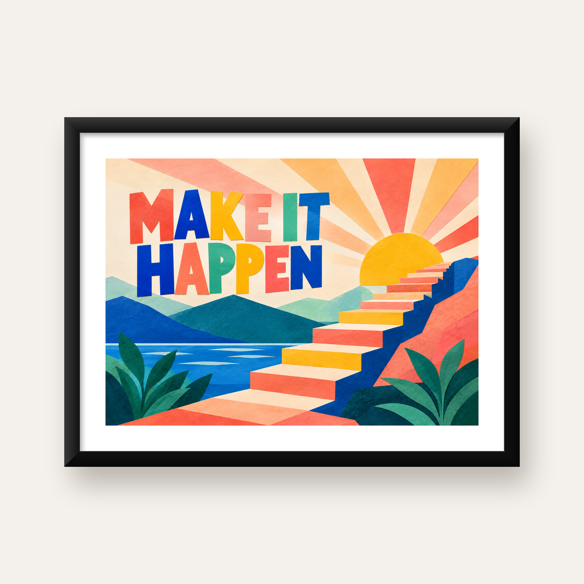 Motivasyonel Renkli Merdiven Poster – Make It Happen — Yatay baskı, beyaz kenar boşluklu