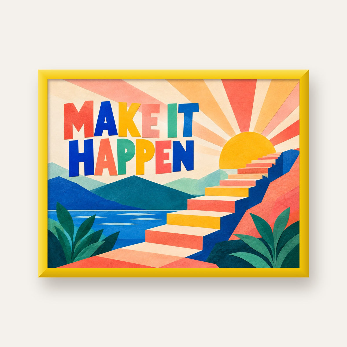 Motivasyonel Renkli Merdiven Poster – Make It Happen — sarı çerçeveli