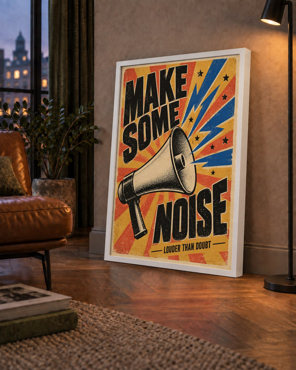 Retro Megafon Poster – Make Some Noise Vintage Duvar Dekoru — çerçeveli hâliyle bir ev duvarında