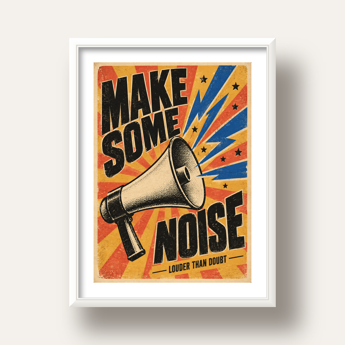 Retro Megafon Poster – Make Some Noise Vintage Duvar Dekoru — beyaz derin çerçeveli paspartulu