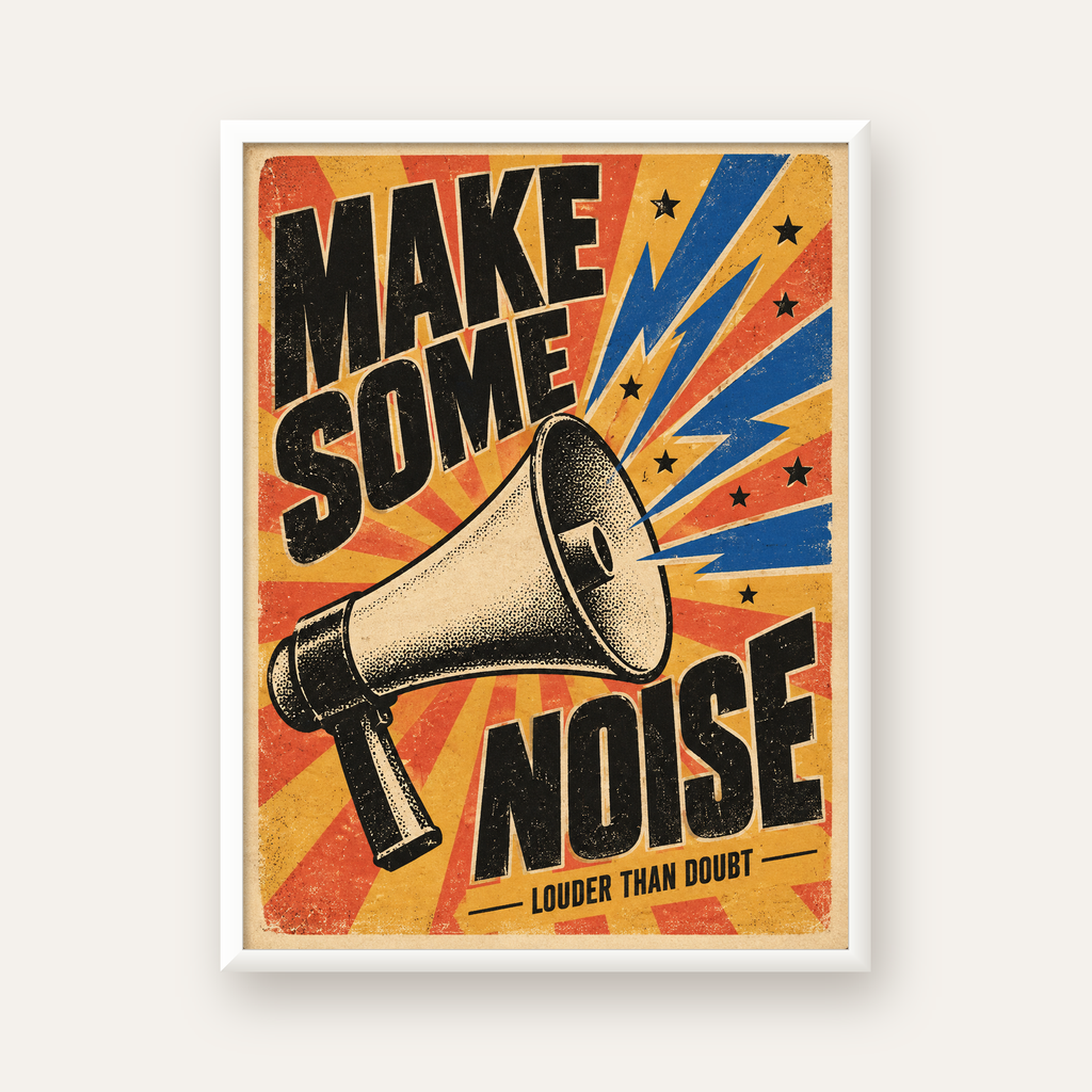 Retro Megafon Poster – Make Some Noise Vintage Duvar Dekoru — beyaz çerçeveli dikey poster