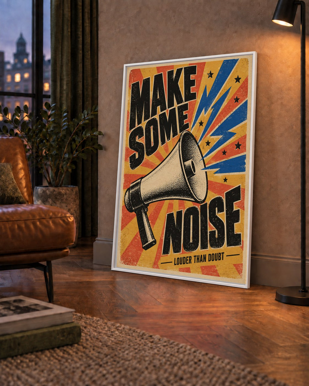 Retro Megafon Poster – Make Some Noise Vintage Duvar Dekoru — çerçeveli hâliyle bir ev duvarında