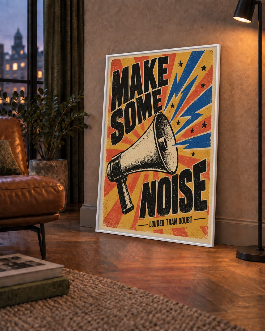 Retro Megafon Poster – Make Some Noise Vintage Duvar Dekoru — çerçeveli hâliyle bir ev duvarında