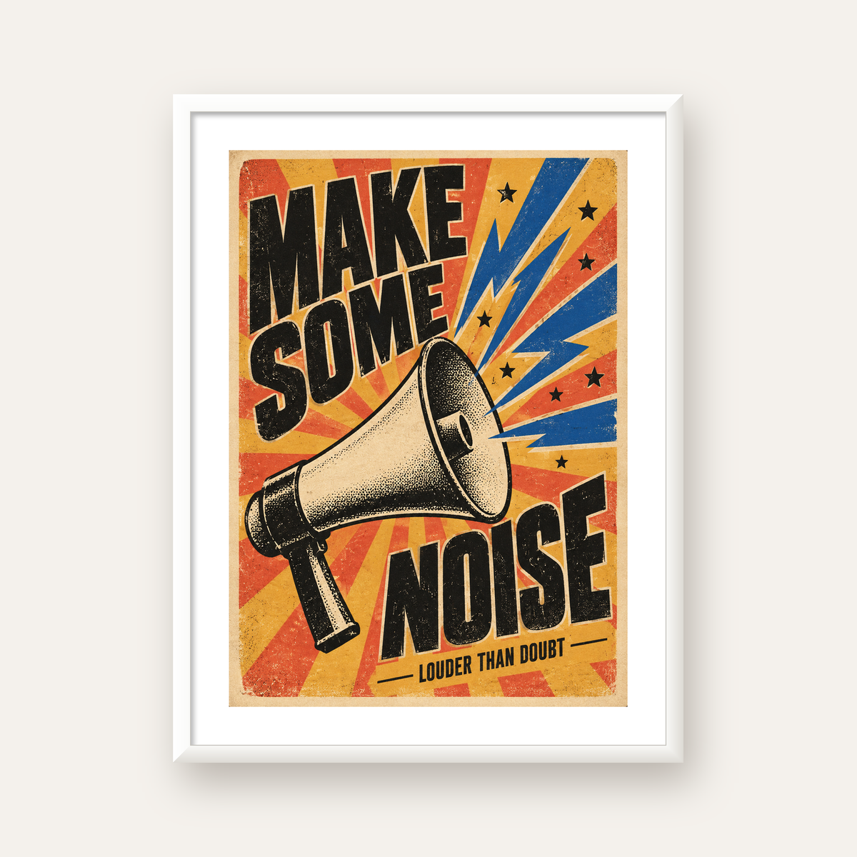 Retro Megafon Poster – Make Some Noise Vintage Duvar Dekoru — beyaz çerçeveli dikey poster