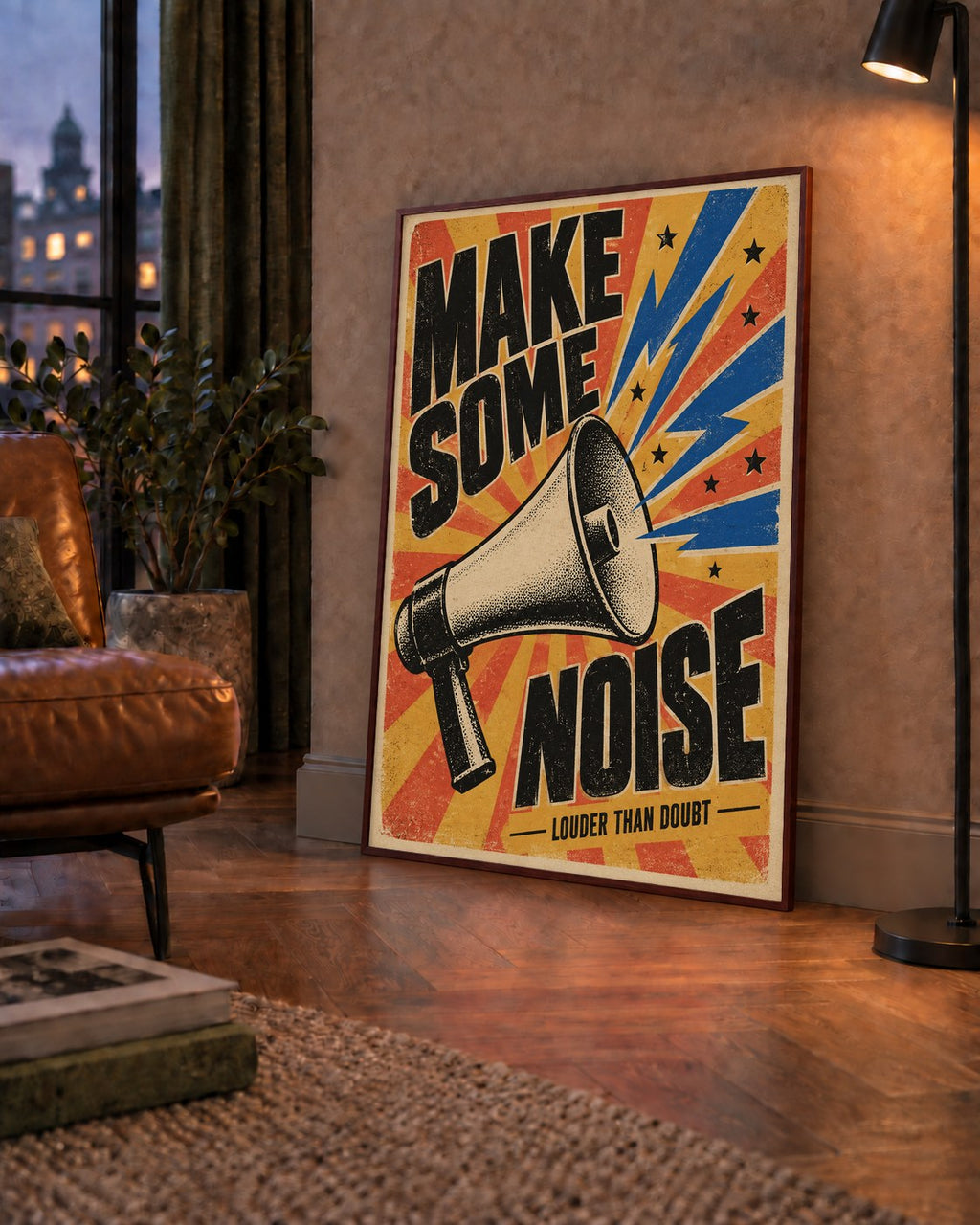 Retro Megafon Poster – Make Some Noise Vintage Duvar Dekoru — çerçeveli hâliyle bir ev duvarında