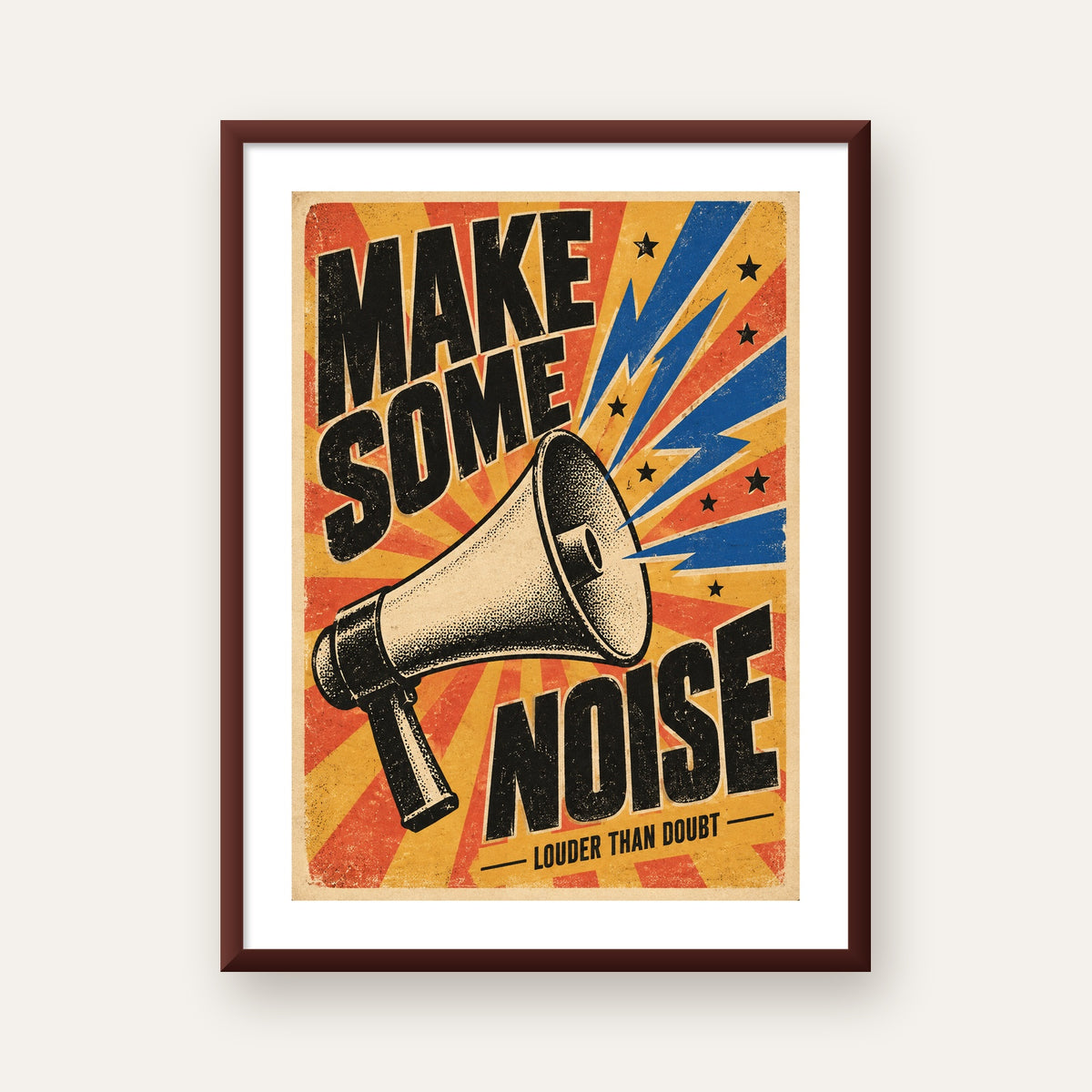 Retro Megafon Poster – Make Some Noise Vintage Duvar Dekoru — ceviz çerçeveli paspartulu