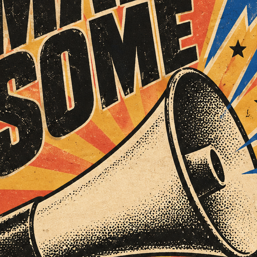 Retro Megafon Poster – Make Some Noise Vintage Duvar Dekoru — baskının yakın çekimi, kâğıt dokusu ve renk detayı