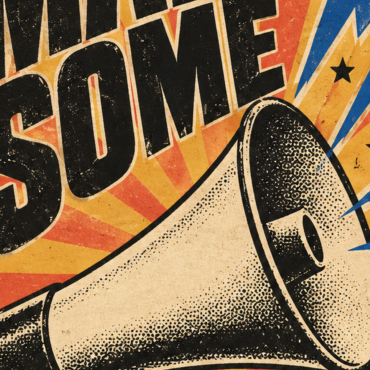 Retro Megafon Poster – Make Some Noise Vintage Duvar Dekoru — baskının yakın çekimi, kâğıt dokusu ve renk detayı