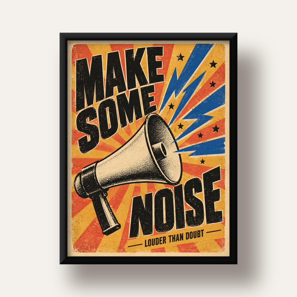 Retro Megafon Poster – Make Some Noise Vintage Duvar Dekoru — siyah derin çerçeveli