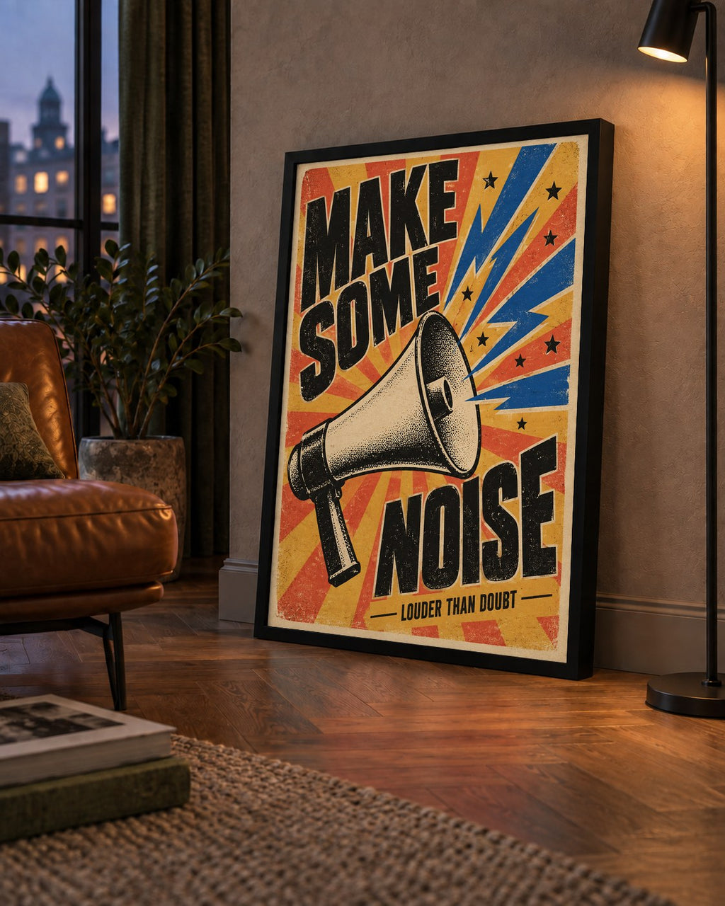 Retro Megafon Poster – Make Some Noise Vintage Duvar Dekoru — çerçeveli hâliyle bir ev duvarında