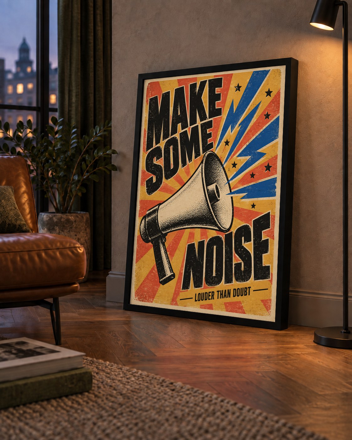 Retro Megafon Poster – Make Some Noise Vintage Duvar Dekoru — çerçeveli hâliyle bir ev duvarında