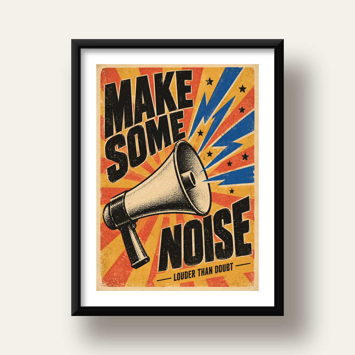 Retro Megafon Poster – Make Some Noise Vintage Duvar Dekoru — siyah derin çerçeveli paspartulu