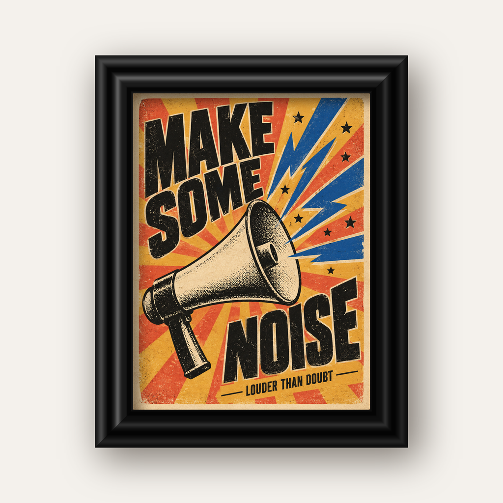 Retro Megafon Poster – Make Some Noise Vintage Duvar Dekoru — siyah galeri çerçeveli