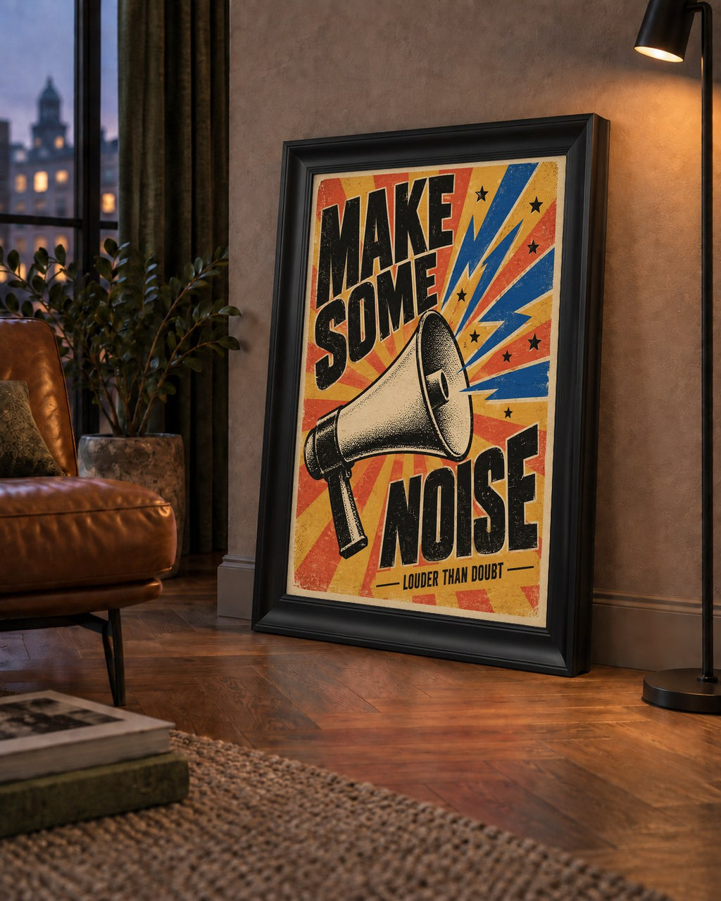 Retro Megafon Poster – Make Some Noise Vintage Duvar Dekoru — çerçeveli hâliyle bir ev duvarında