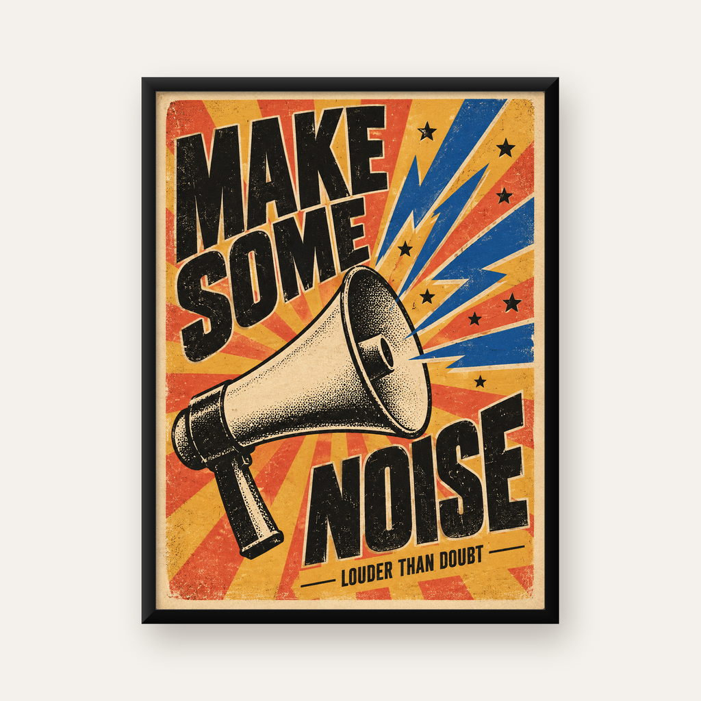 Retro Megafon Poster – Make Some Noise Vintage Duvar Dekoru — Dikey baskı, düz siyah çerçeveli duvar posteri