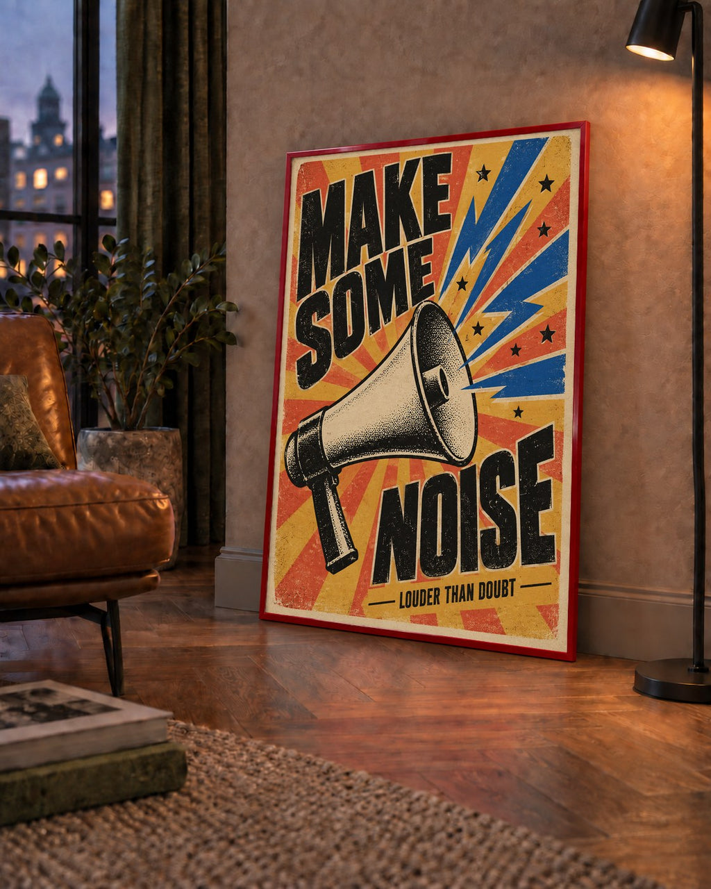 Retro Megafon Poster – Make Some Noise Vintage Duvar Dekoru — çerçeveli hâliyle bir ev duvarında