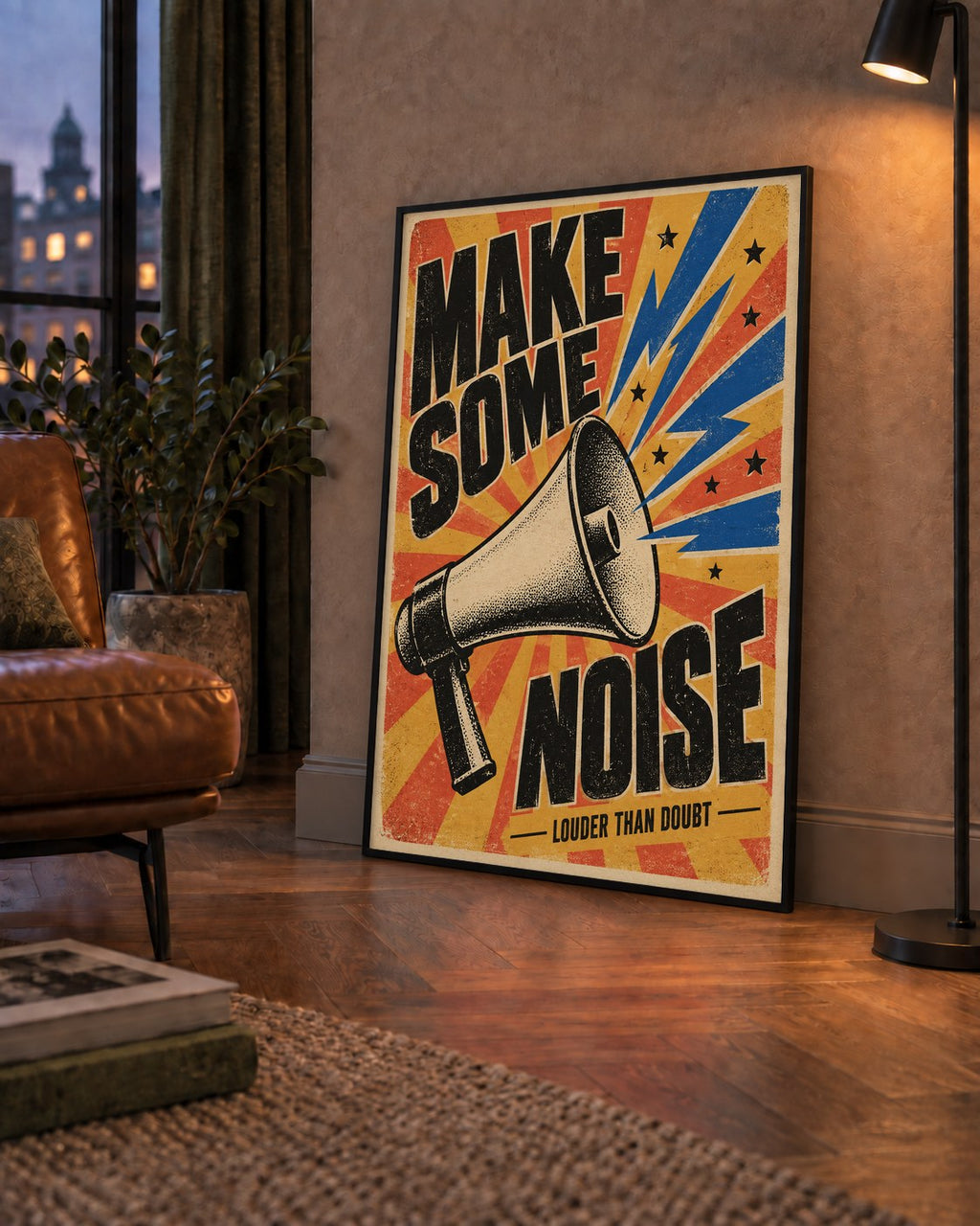 Retro Megafon Poster – Make Some Noise Vintage Duvar Dekoru — çerçeveli hâliyle bir ev duvarında