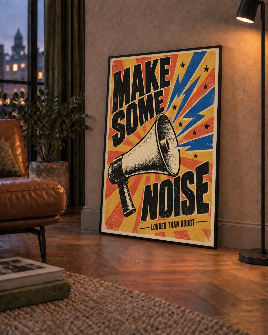 Retro Megafon Poster – Make Some Noise Vintage Duvar Dekoru — çerçeveli hâliyle bir ev duvarında