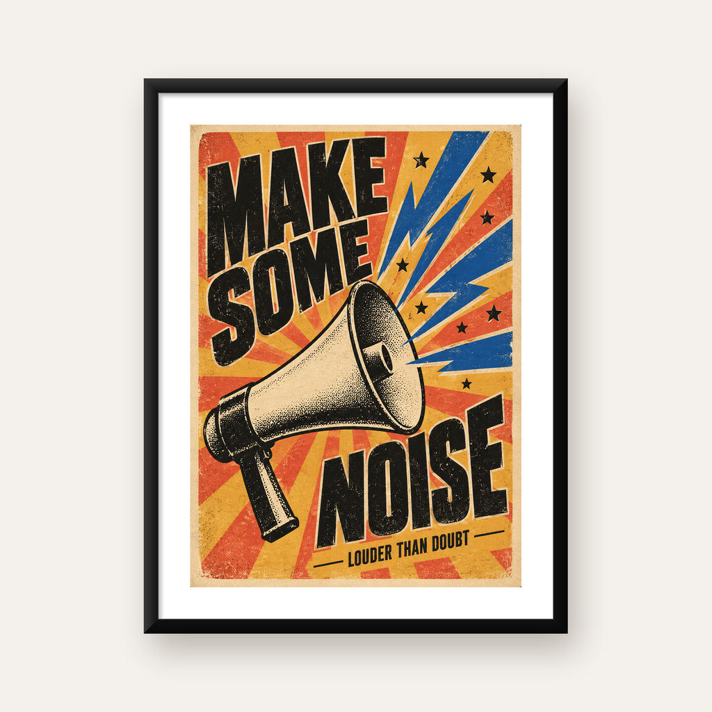 Retro Megafon Poster – Make Some Noise Vintage Duvar Dekoru — Dikey baskı, beyaz paspartulu
