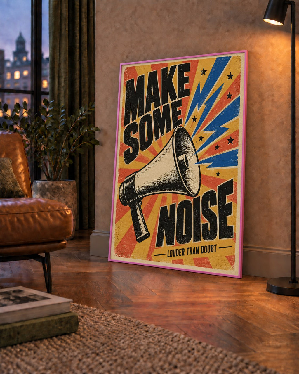 Retro Megafon Poster – Make Some Noise Vintage Duvar Dekoru — çerçeveli hâliyle bir ev duvarında