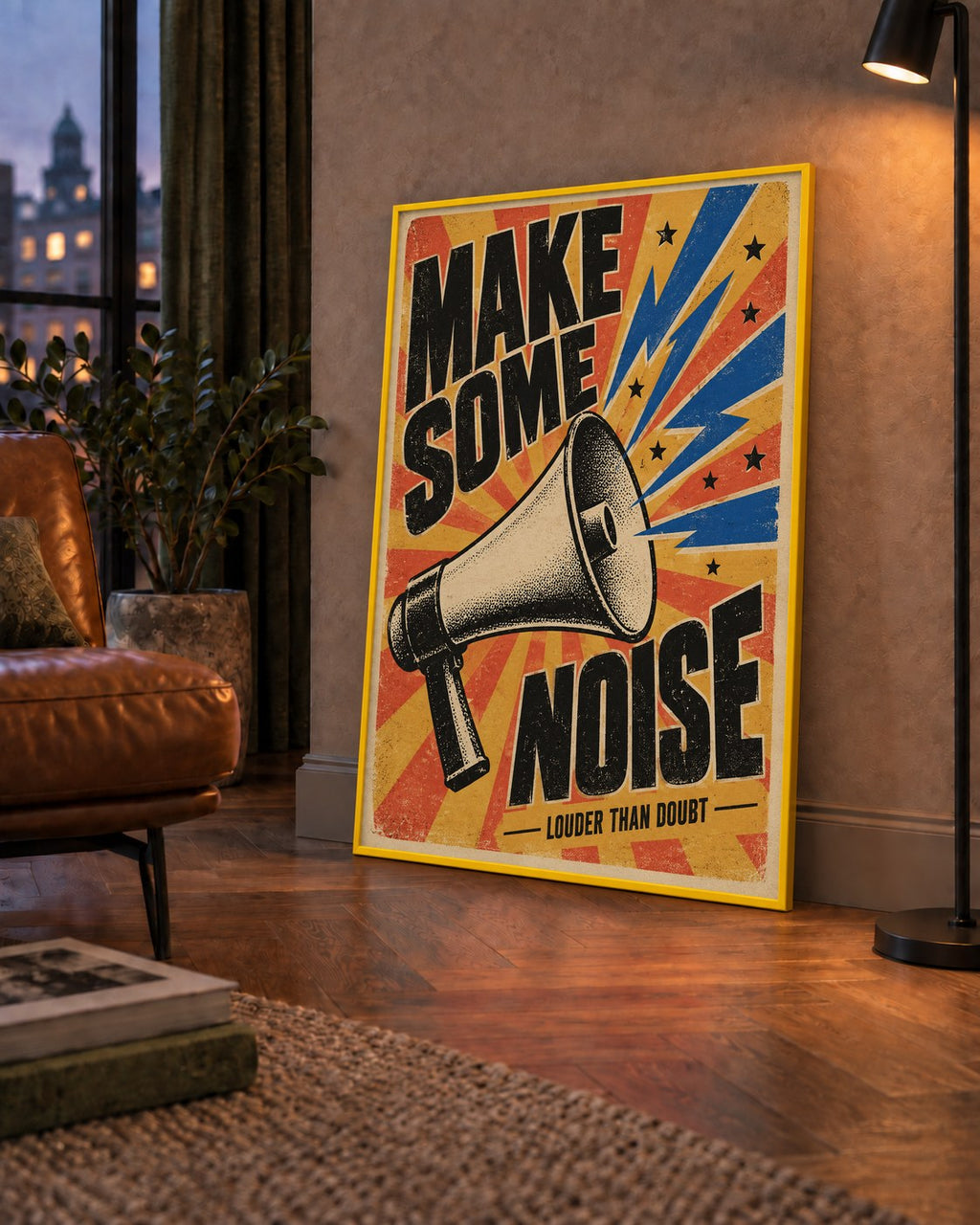 Retro Megafon Poster – Make Some Noise Vintage Duvar Dekoru — çerçeveli hâliyle bir ev duvarında