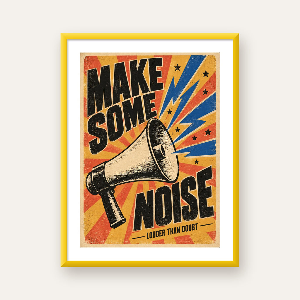 Retro Megafon Poster – Make Some Noise Vintage Duvar Dekoru — sarı çerçeveli paspartulu
