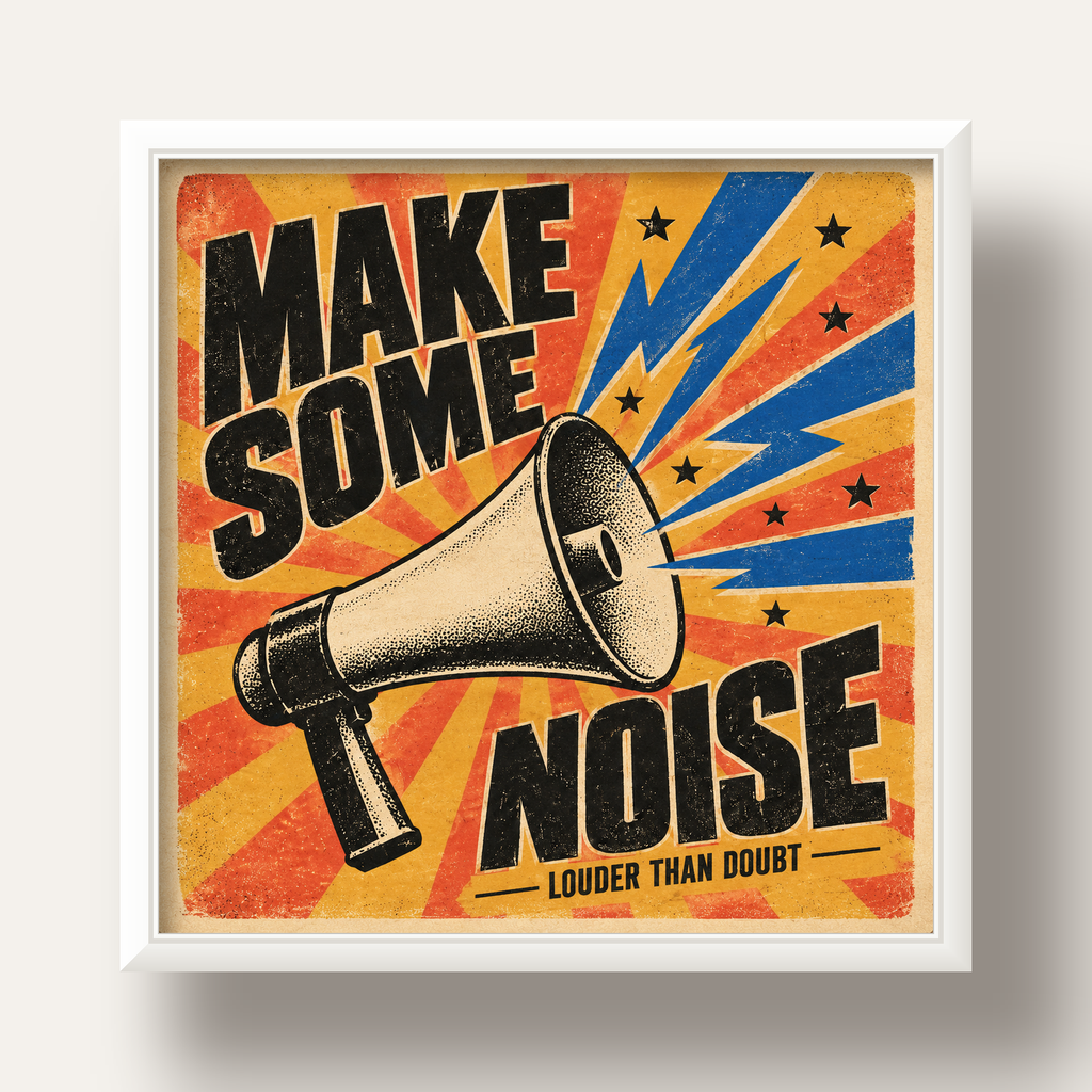 Retro Megafon Poster – Make Some Noise Vintage Duvar Dekoru — beyaz derin çerçeveli