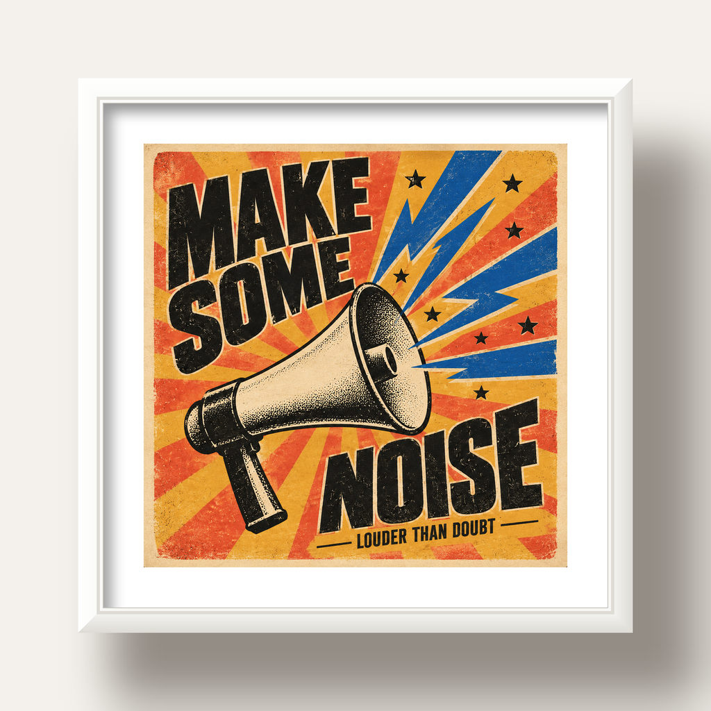 Retro Megafon Poster – Make Some Noise Vintage Duvar Dekoru — beyaz derin çerçeveli paspartulu