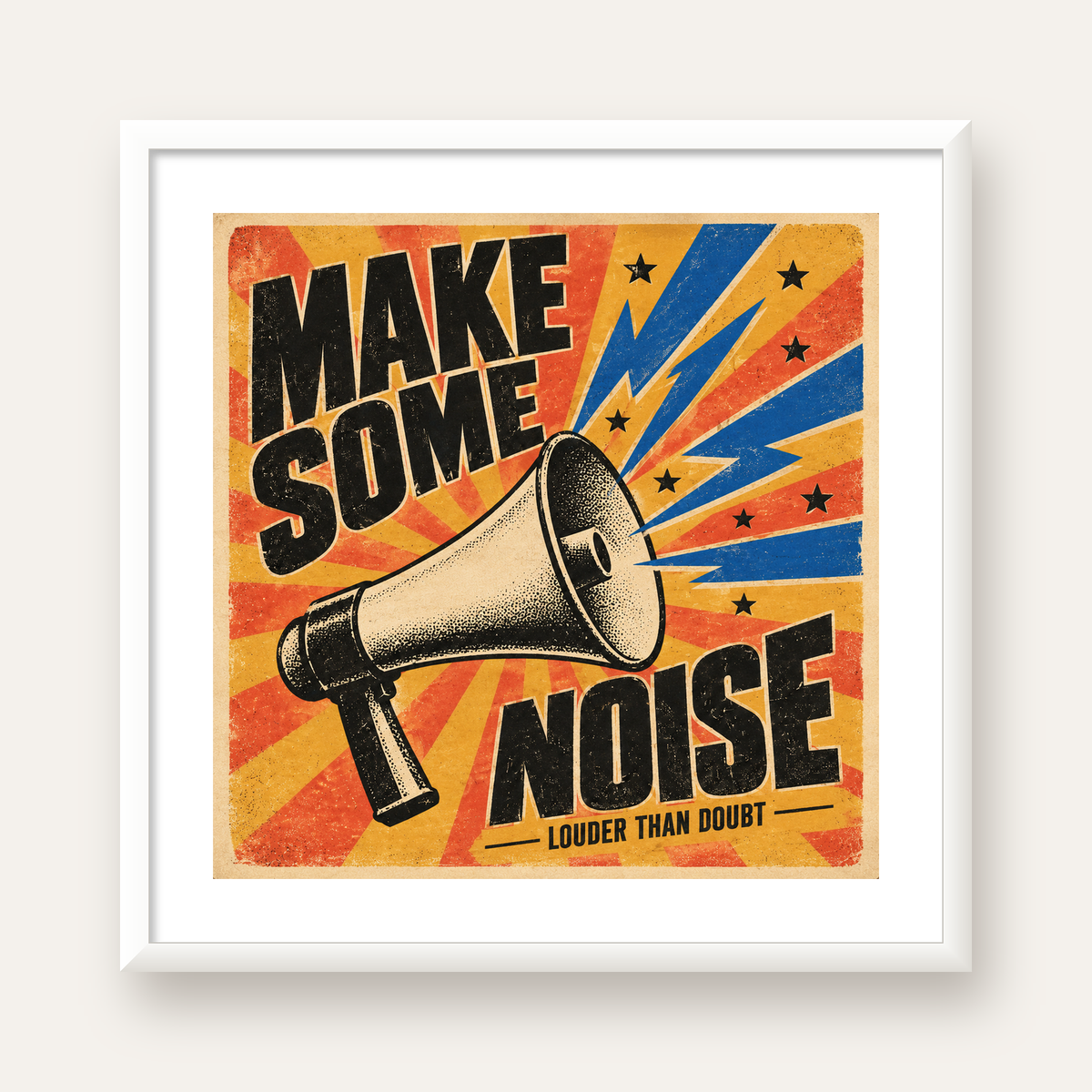 Retro Megafon Poster – Make Some Noise Vintage Duvar Dekoru — beyaz çerçeveli kare poster