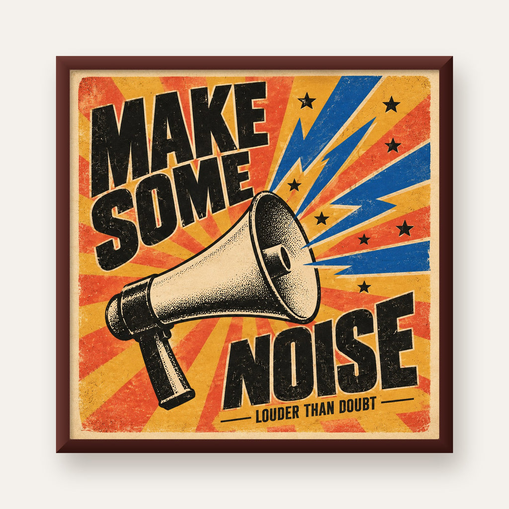 Retro Megafon Poster – Make Some Noise Vintage Duvar Dekoru — ceviz çerçeveli