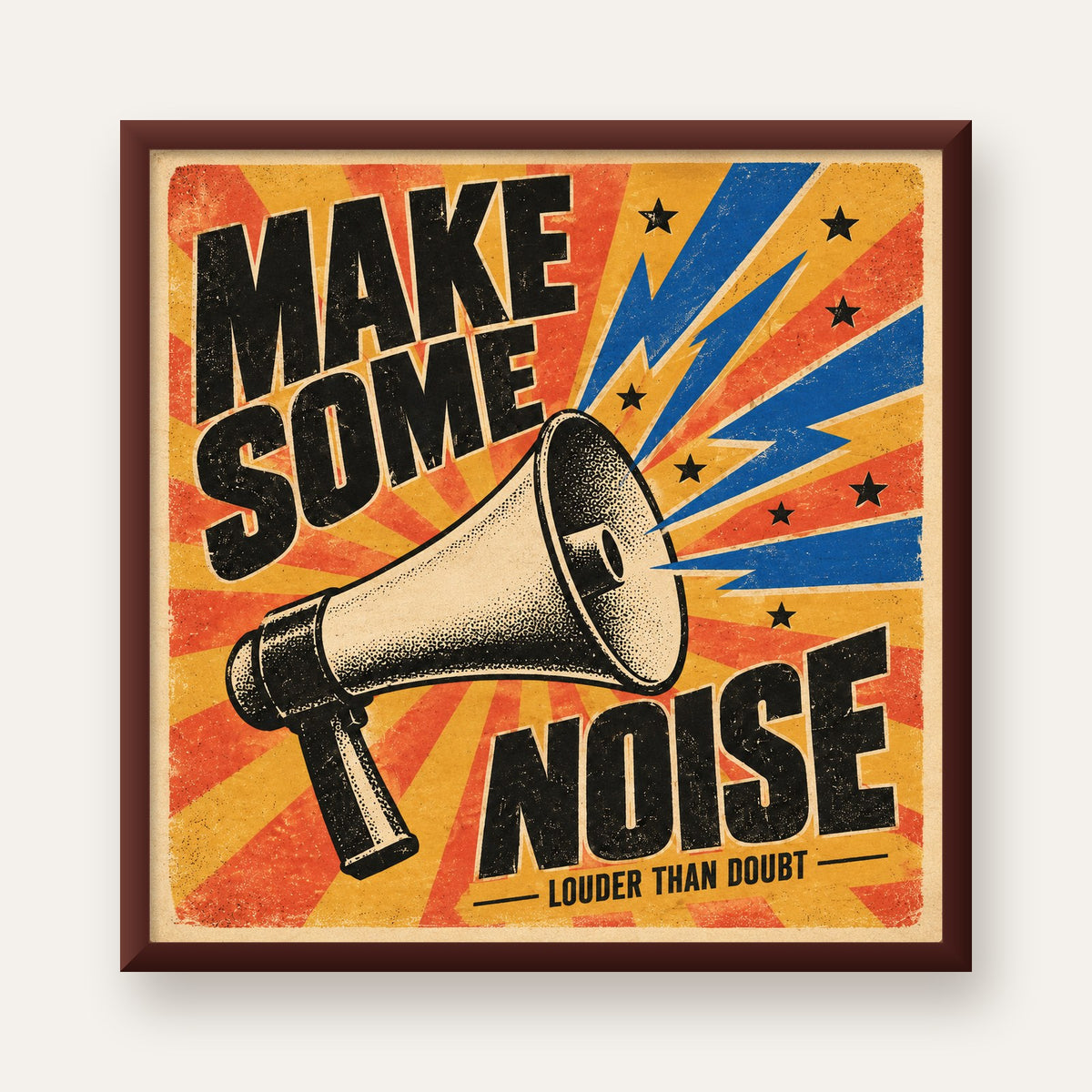 Retro Megafon Poster – Make Some Noise Vintage Duvar Dekoru — ceviz çerçeveli