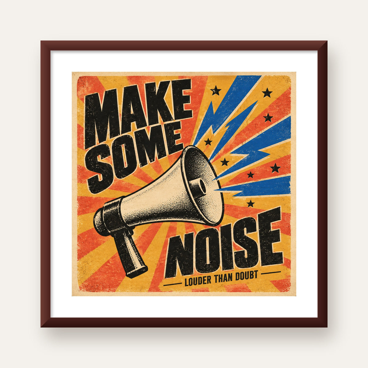 Retro Megafon Poster – Make Some Noise Vintage Duvar Dekoru — ceviz çerçeveli paspartulu