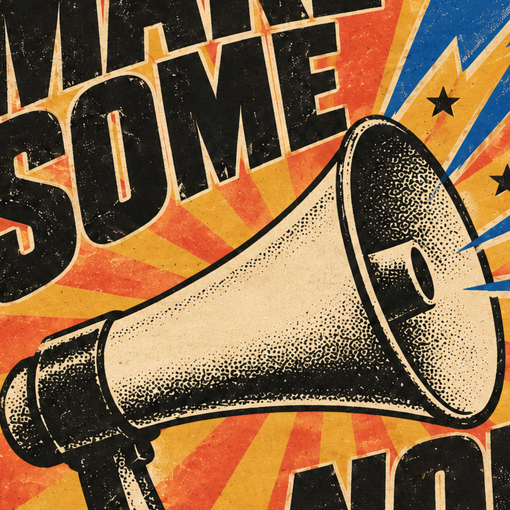 Retro Megafon Poster – Make Some Noise Vintage Duvar Dekoru — baskının yakın çekimi, kâğıt dokusu ve renk detayı