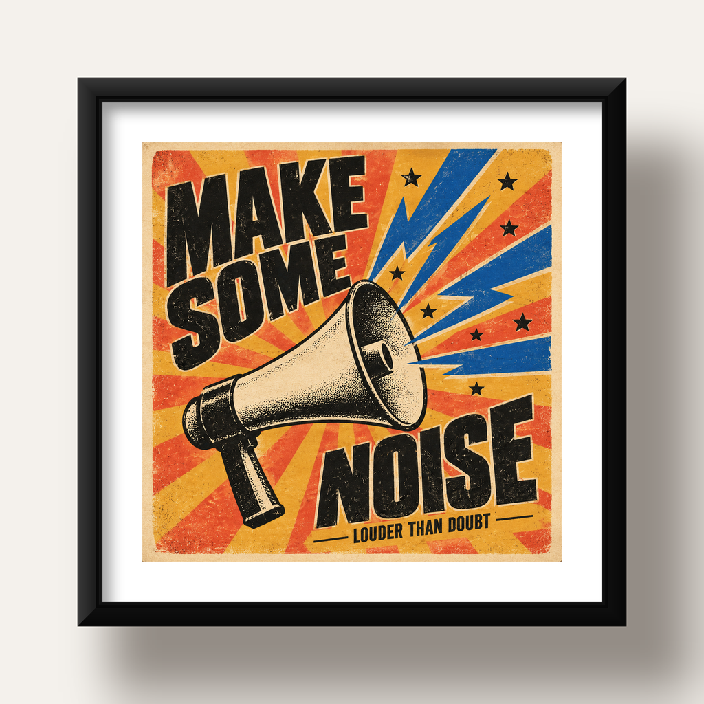 Retro Megafon Poster – Make Some Noise Vintage Duvar Dekoru — siyah derin çerçeveli paspartulu