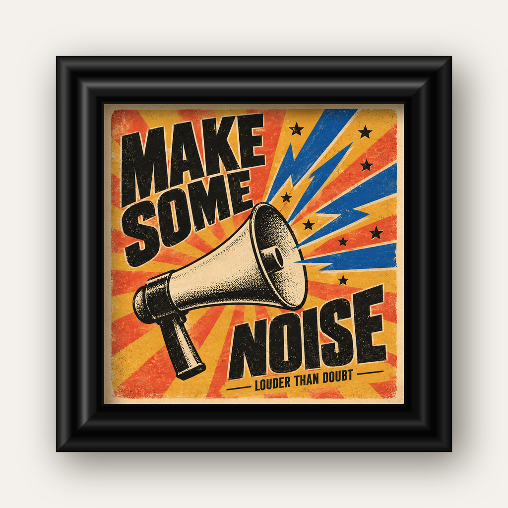 Retro Megafon Poster – Make Some Noise Vintage Duvar Dekoru — siyah galeri çerçeveli
